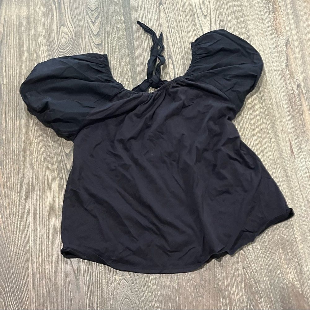 A New Day Blouse Short Balloon Sleeves Cut Out Tie Back Casual Black Large